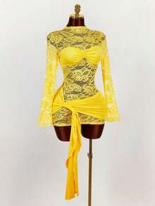 Blusa de encaje para mujer con vestido mini ajustado de tul rojo vintage con cordón en el bajo, estilo bohemio para fiesta - Amarillo - Ver 6