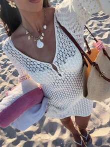 Sultry Sol Nuevo vestido de punto de primavera/verano, estilo casual de vacaciones en la playa, vestido de unicolor con calado, nuevo estilo para el Año Nuevo - Beis - Ver 4