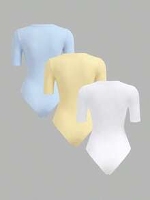 BASICS 3 piezas Body ajustado de manga corta y cuello redondo de punto de unicolor para mujer - Multicolor - Ver 3