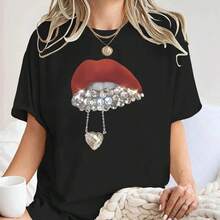 Elegantes camisetas de manga corta adornadas con diversos estampados de labios, incluyendo labios dorados, labios rojos informales y estampados de diamantes. Ropa sexy de verano para mujer, oferta especial, cuello redondo, diseño informal de manga corta, estilo Harajuku, perfecta para el verano. - Negro - Ver 11