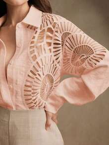 Camisa de mujer con cuello versátil de encaje soluble y empalme hueco, para primavera/verano - Rosa - Ver 1