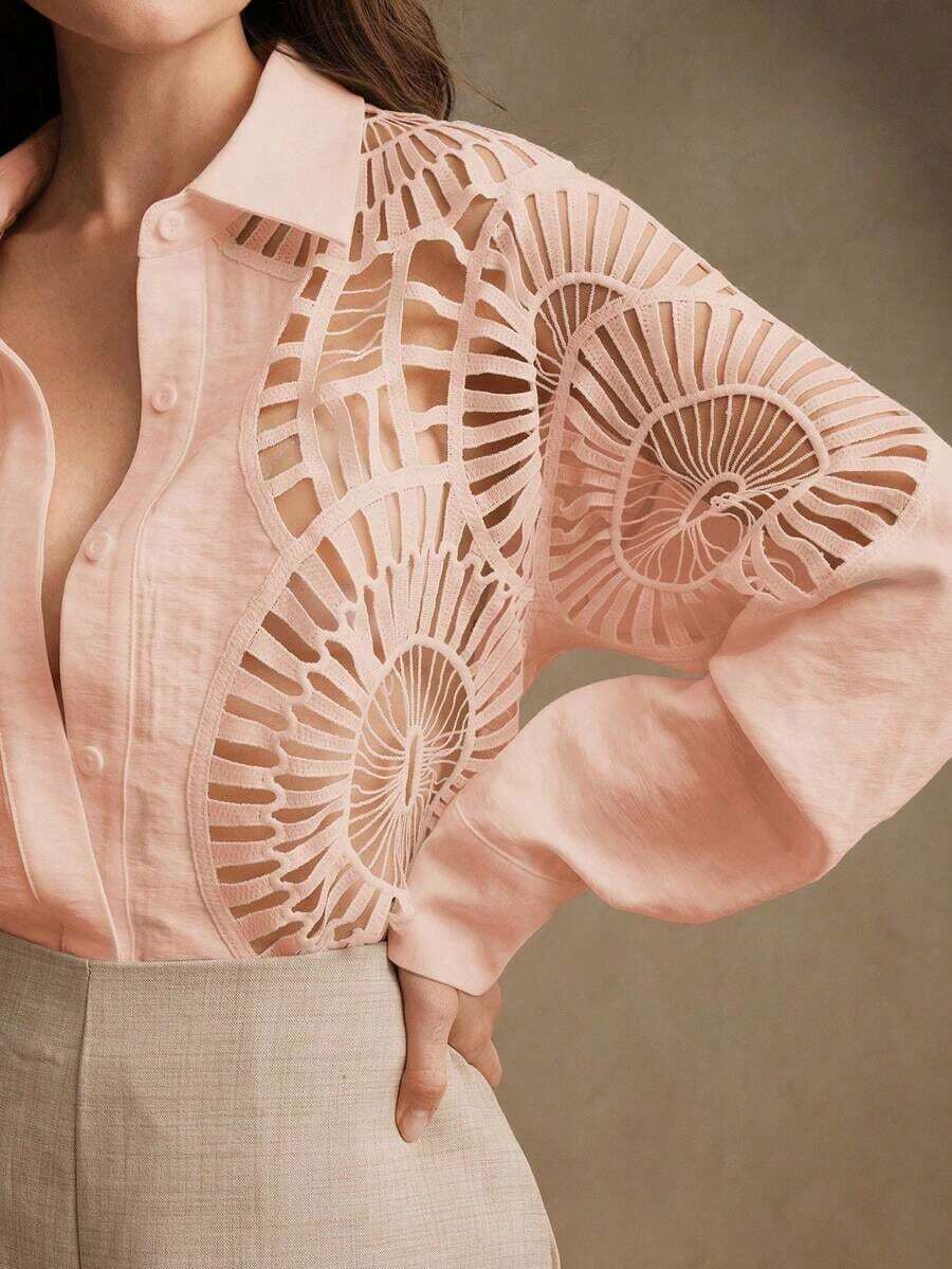 Camisa de mujer con cuello versátil de encaje soluble y empalme hueco, para primavera/verano - Rosa - Ver 1