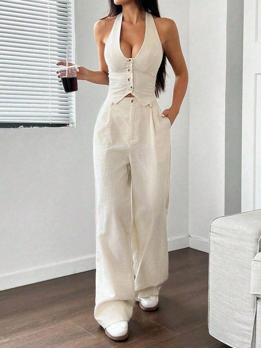 Conjunto de 2 piezas de chaleco y pantalones de unicolor de streetwear para mujer, para verano - Albaricoque - Ver 1