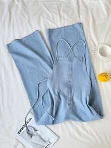 Mono vaquero de pierna ancha lavado casual para mujer - Lavado ligero - Ver 6