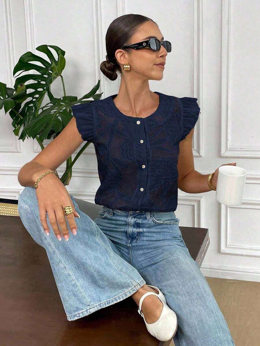 de moda con cuello redondo, manga corta y abotonadura sencilla, en tejido jacquard con estampado floral - Azul marino - Ver 1