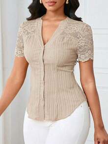 Camisa casual de mujer de unicolor y estilo simple para uso diario, verano - Caqui - Ver 3
