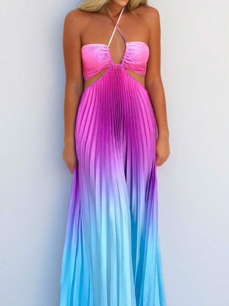 Vestido largo degradado primavera cuello halter calado elegante y sensual para mujer - Azul - Ver 1