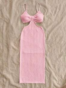 Camiseta de tirantes casual y sexy con recortes en la cintura, de tela con textura para vacaciones - Rosa - Ver 3