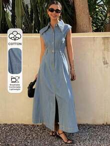 Vestido de mezclilla de unicolor con cuello y cintura ceñida sin mangas para mujer - Lavado ligero - Ver 5