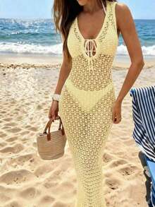 Vestido Maxi de Punto Ajustado con Cuello en V y para Mujer, Primavera/Verano 2026, Marrón, Textura Calada, Estilo Boho, Elegante Casual para Playa y Vacaciones, Vestido Largo - Blanco marfil - Ver 7