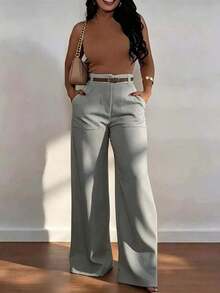 casuales de pierna recta y cintura alta de moda para mujer, color blanco, para primavera - Gris - Ver 3