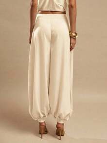 Pantalones palazzo de satén para mujer, elegantes pantalones holgados de color amarillo jengibre, adecuados para salidas, brunch, verano, bodas, luna de miel, vacaciones en la playa - Albaricoque - Ver 3