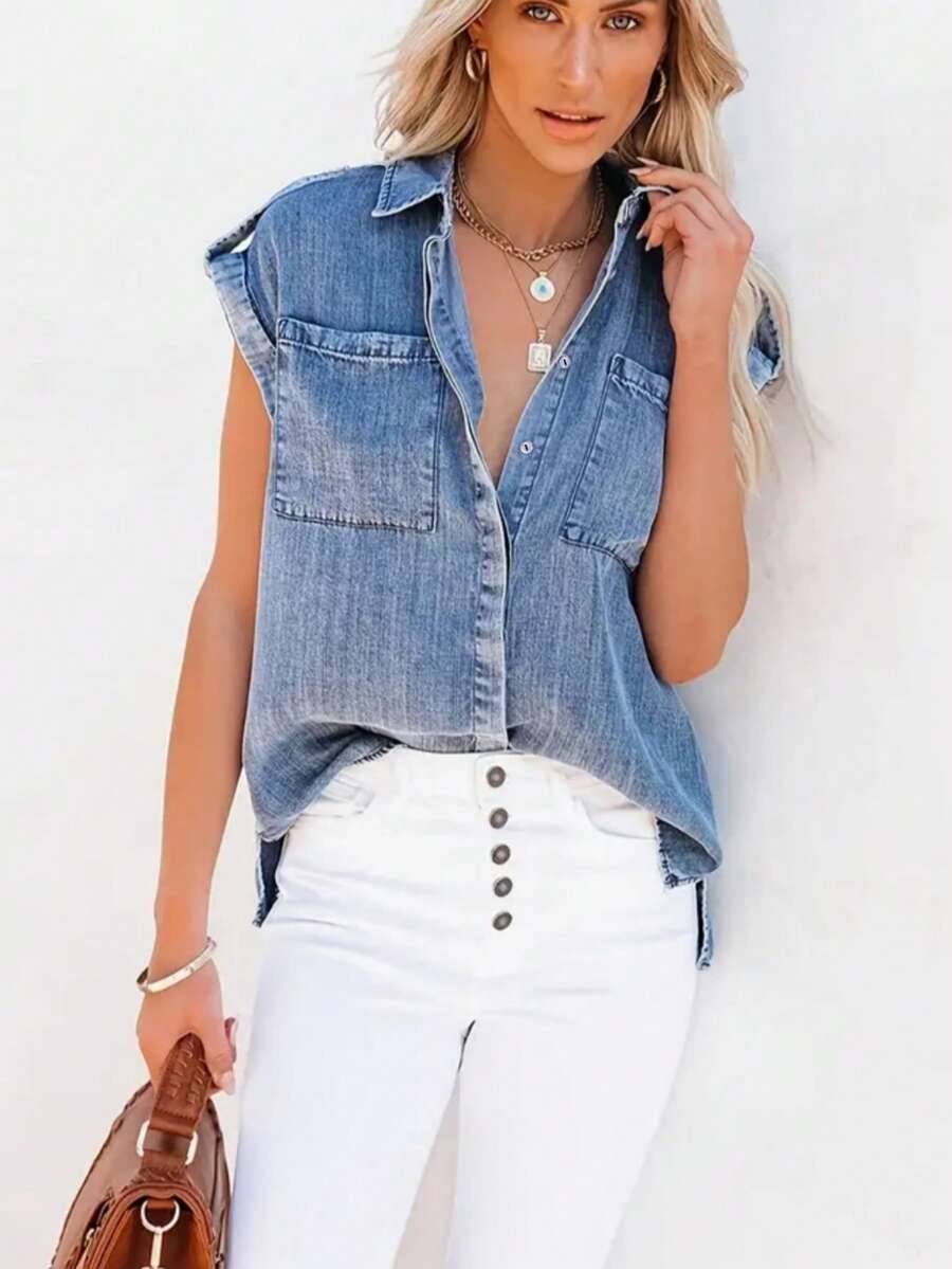 Women's Sleeveless Top, Solid Color Casual Denim Buttons Pocket, Spring/Summer - Light Wash - View 1