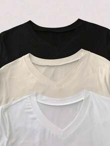Camiseta casual versátil de mujer de unicolor con cuello en V y manga corta - Burdeos - Ver 4
