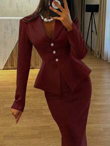 Set de 2 piezas Traje formal elegante de negocios: Blazer + Falda con abertura en el bajo - Burdeos - Ver 2