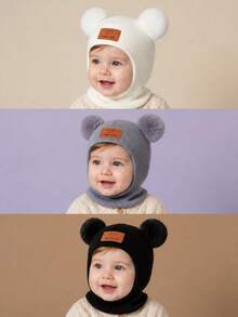 1pc Infant Toddler Newborn Heart Pattern Decor Warm Knitted Hat New Style Children Warm Face Mask Hat Suitable For Autumn/Winter Daily Use - Heart-shaped Double Balls - View 4