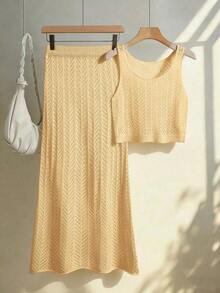 Conjunto de dos piezas de vestido maxi de punto hueco de unicolor vintage elegante para mujer, conjunto casual para ciudad, vacaciones y playa en verano - Amarillo claro - Ver 3
