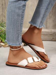 Women's Slip-On Thong Flat Sandals With Rivet Decor, Suitable For Daily Wear,Flip Flops,Summer Shoes - White - View 7