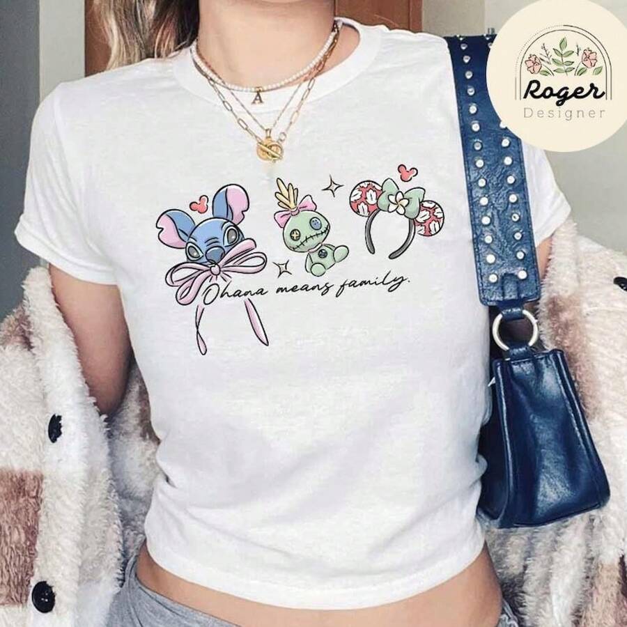 Coquette Bow Ohana Means Family Magic Kingdom,Cartoon Princess Character,Fairytale Castle,Magic Mouse Style Stitch Baby Tee, Lilo & Stitch Hawaii Aloha Magic Kingdom,Cartoon Princess Character,Fairytale Castle,Magic Mouse Style Girl Trip Croptop, Stitch Headband Gift For Her,Modest Summer Outfits Resort In Style Women's Summer Clothing Tops Summer Summer Outfits Tops For Women White Tops Crop Top Party Top, - trắng - Xem 1