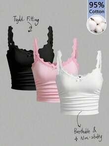Conjunto de 3 piezas de top de mujer con encaje y volantes, 95% algodón - Estilo retro vintage Y2K, dulce y sexy, top corto sin mangas para primavera/verano, festivales occidentales, citas, té de la tarde, uso casual en casa y vuelta al colegio - Multicolor - Ver 1