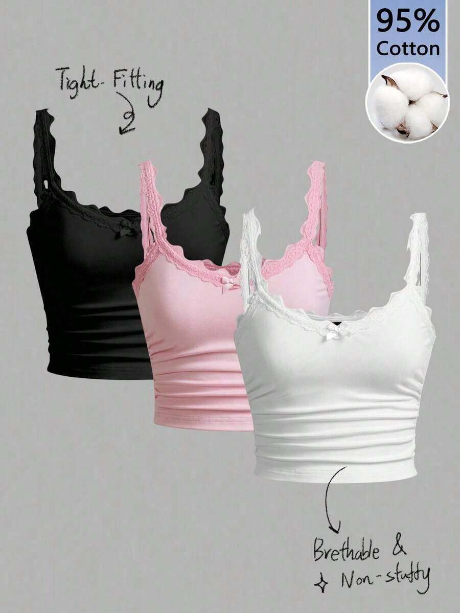 Conjunto de 3 piezas de top de mujer con encaje y volantes, 95% algodón - Estilo retro vintage Y2K, dulce y sexy, top corto sin mangas para primavera/verano, festivales occidentales, citas, té de la tarde, uso casual en casa y vuelta al colegio - Multicolor - Ver 1