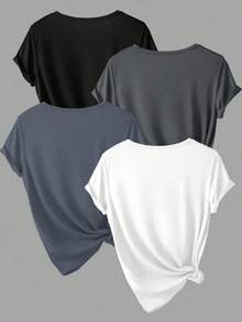4 piezas Camisetas de manga corta de unicolor casual para mujeres - Multicolor 6 - Ver 2