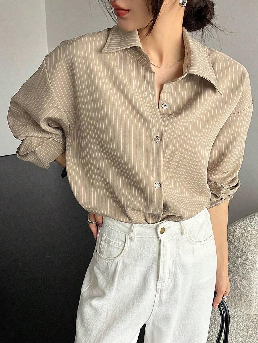 Camisa casual/escolar holgada a rayas para mujer, top de manga larga de estilo preppy para mujer, ropa de otoño - Caqui - Ver 1