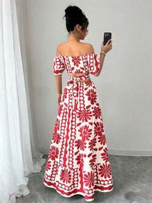 YHHRafferiza Vestido casual de vacaciones con hombros descubiertos y lazo en la espaldaYHH - Rojo 3 - Ver 2
