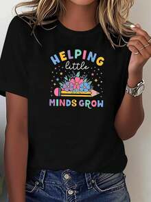 New 2026 Collection Cotton T-Shirt NEW For The Back To School Season With Educational Theme That Helps Little Minds Grow, Pencil And Flower Print, Size, Spring/Summer T-Shirt For Women, Suitable For Daily Use By Teachers, Classroom Teaching, Teacher's Day Activities, Parent-Child Events On Campus, Casual Street Style Short Sleeve Outfit - Unisex Vintage Urban Style Cotton T-Shirt, Short Sleeve And Round Neck. - 黑色 - 查看 7