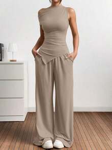 Set de 2 piezas de mujer con top de cuello asimétrico en unicolor y pantalones con bolsillos tejidos - Caqui - Ver 1