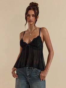 Camisola de Encaje y Chifón Negra con Cuello en V y Tirantes Ajustables para Mujer, Ideal para Vacaciones, Primavera/Verano - Negro - Ver 6