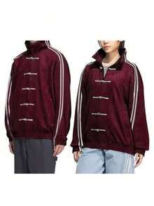 SAOYANGYU Chaqueta casual con diseño de botones y cremallera delantera, con rayas laterales, para otoño/invierno y primavera - Burdeos - Ver 3
