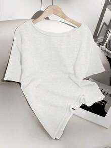 Blusa holgada de estilo sexy con hombros descubiertos, cuello enrollado, mangas enrolladas, bajo asimétrico, unicolor, de manga corta, de punto, casual, suelta, tipo murciélago, sobredimensionada, camiseta sexy, primavera, verano, otoño - Blanco - Ver 4