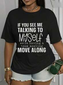 Casual Crew Neck T-Shirt For Spring/Summer - 'If You See Me Talking To Myself, We're Having A Team Meeting.' Printed T-Shirt | Machine Washable | Stylish Layering Piece | Ideal For Holidays And Special Occasions | Versatile And Fashionable | Comfortable Unisex Vintage Urban Style Short Sleeve Crew Neck T-Shirt, 100% Pure Cotton - 黑色 - 查看 7