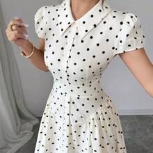 Elenzya Women's Woven Polka Dot Print Fabric Turndown Collar Button Front Gathered Lantern Sleeve Waist Gathered A-Line Elegant Vintage Fashion Business Commute Outing Holiday Black & White Polka Dot Dress, Spring/Summer - Marron oscuro - Ver 6