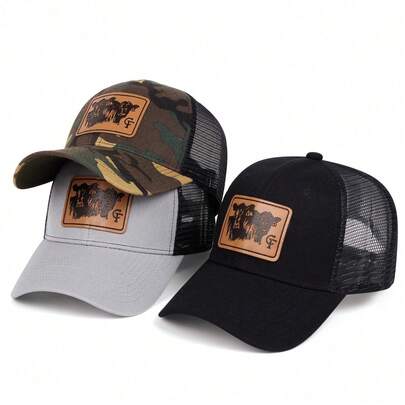 1pc Hat Cow Leather Patch Trucker Cap, Camo Print Mesh Curved Brim Streetwear Baseball Hat