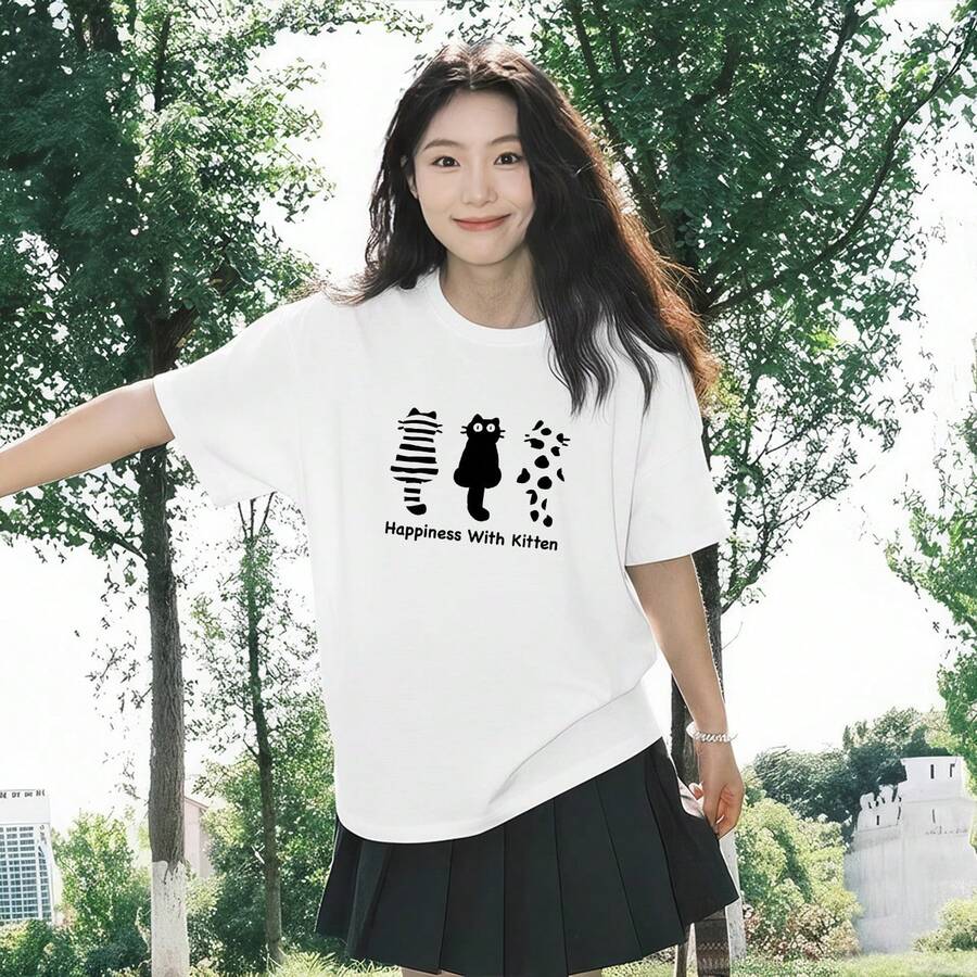 New Summer Short-Sleeved Cotton Printed Top, Stylish And Relaxed T-Shirt - White - View 1