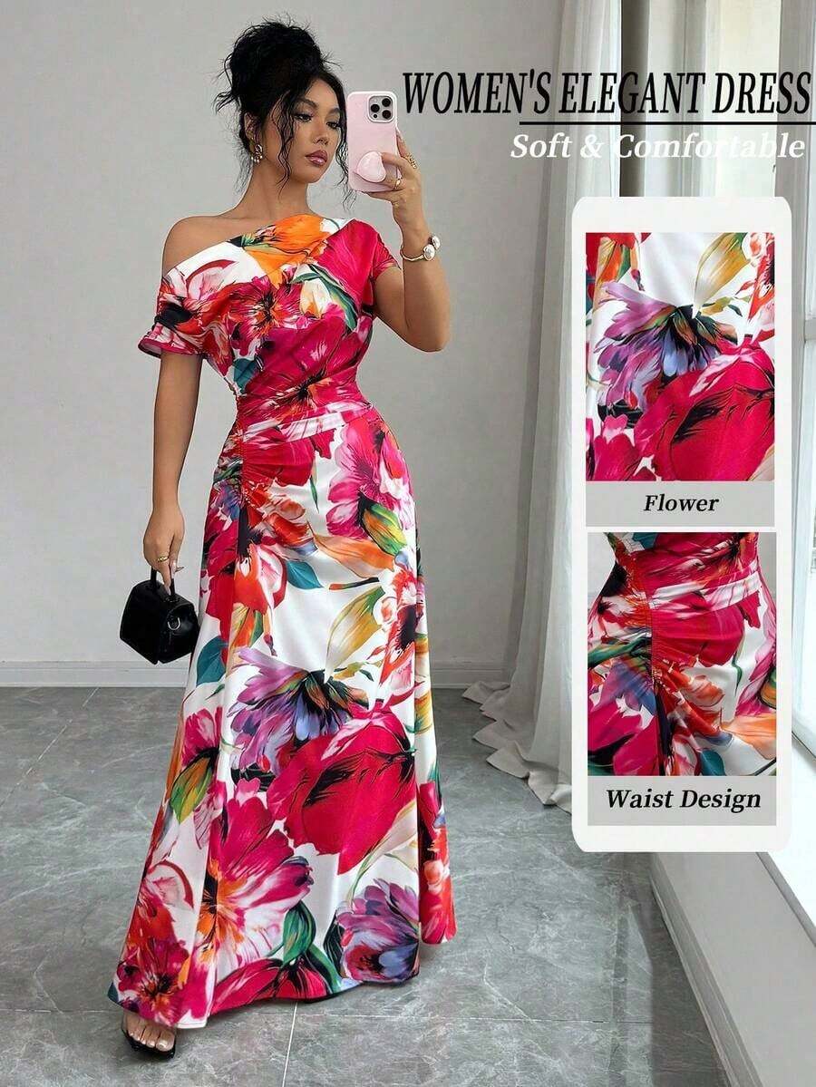 Long Asymmetrical Dress With Ruffles At The Shoulders And Waist, Floral Print, Elegant And Minimalist, Suitable For Work, New Year's, Streetwear, French Romantic Style, Casual, Middle Eastern Retro, Afternoon Tea, Party, Thanksgiving, Back To School, Spring/Summer - 彩色 - 查看 1