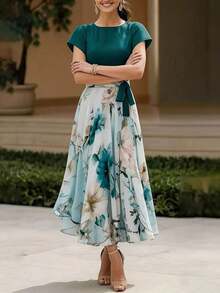 Vestido largo casual y elegante de tela tejida con estampado floral, adecuado para uso diario y todas las temporadas de vacaciones de verano - Verde - Ver 2