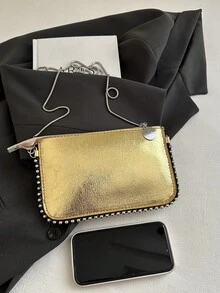 Women's Beaded Chain Strap Crossbody Bag, Retro Colorful Laser Holographic Metallic Envelope Clutch Purse - Rose Gold - View 5