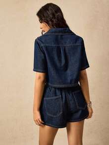 Conjunto informal de mujeres de mezclilla vintage con bolsillos - Azul - Ver 2