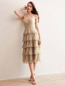 PREMIUM Vestido Lencero Con Dobladillo Con Volantes Y Capas Plisadas - Caqui - Ver 8