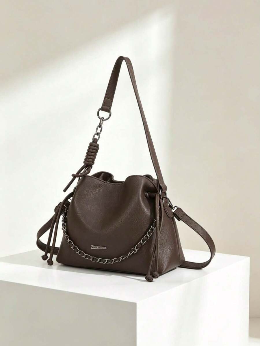 Women's Bucket Bag With Crossbody Chain Strap - Casual And Versatile Style - Coffee - View 1
