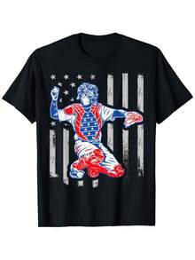 Camiseta con estampado vintage de la bandera de EE.UU., tela cómoda y transpirable. Camiseta de manga corta para hombre con diseño de la bandera estadounidense y jugador de béisbol. Ideal para usar en el 4 de julio, disponible en múltiples tallas - Negro - Ver 2