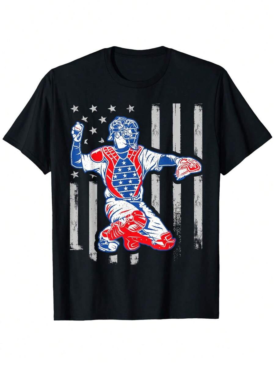 Camiseta con estampado vintage de la bandera de EE.UU., tela cómoda y transpirable. Camiseta de manga corta para hombre con diseño de la bandera estadounidense y jugador de béisbol. Ideal para usar en el 4 de julio, disponible en múltiples tallas