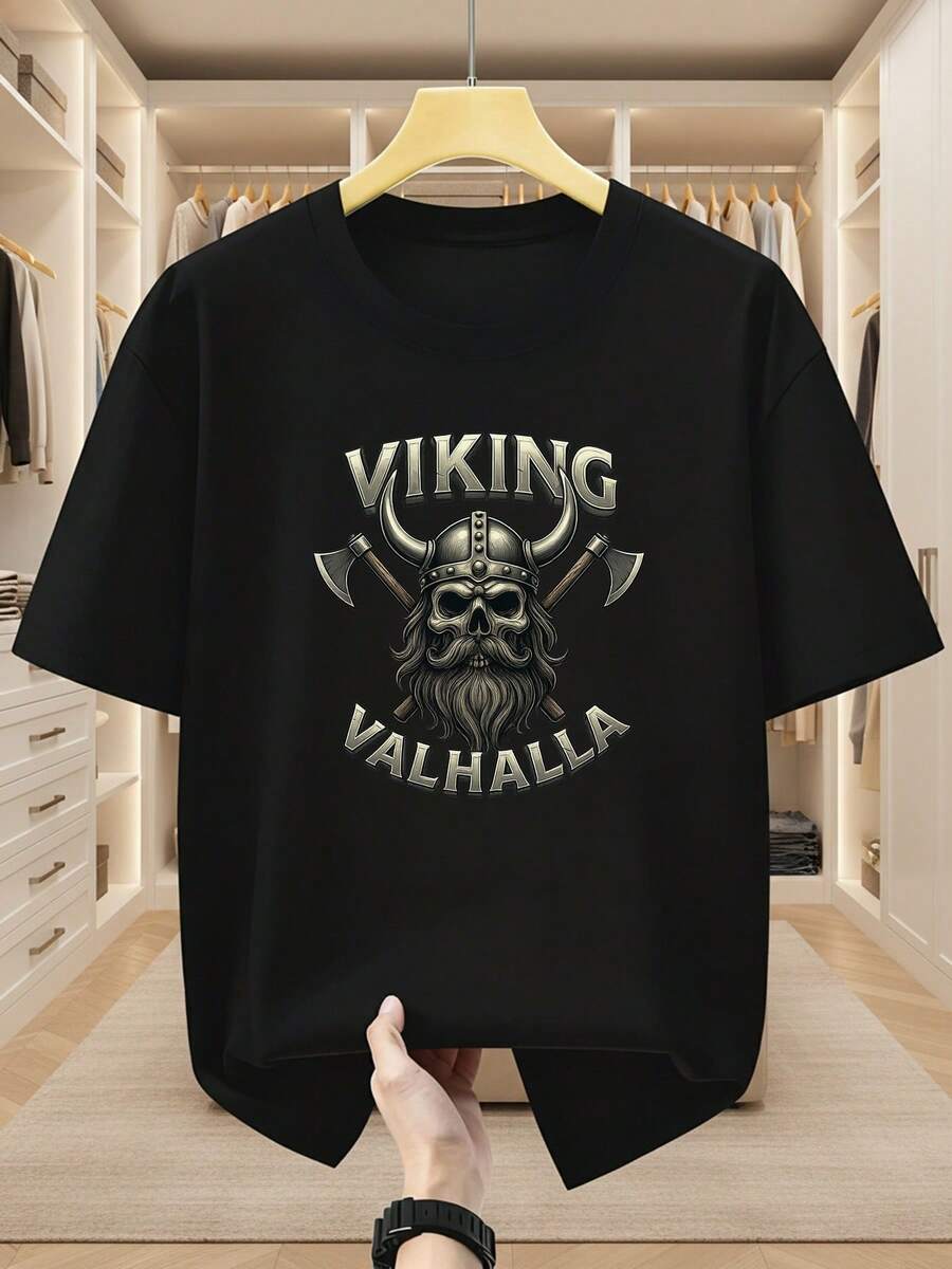 Camiseta de Talla Grande para Hombres con Calavera Vikinga y Hacha de Batalla - 100% Algodón, Estampado Nórdico, Manga Corta, Cuello Redondo, Camiseta Casual para Disfraz Vikingo, Atuendo Casual (Tallas S &) - Lavable a Máquina, Camiseta de Verano, TALLA GRANDE