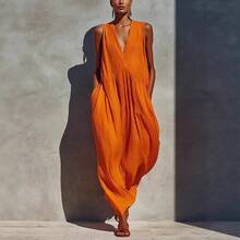 Vestido midi de verano para mujer escote en V unicolor talla grande moda vacaciones nuevo diseño - Naranja - Ver 4