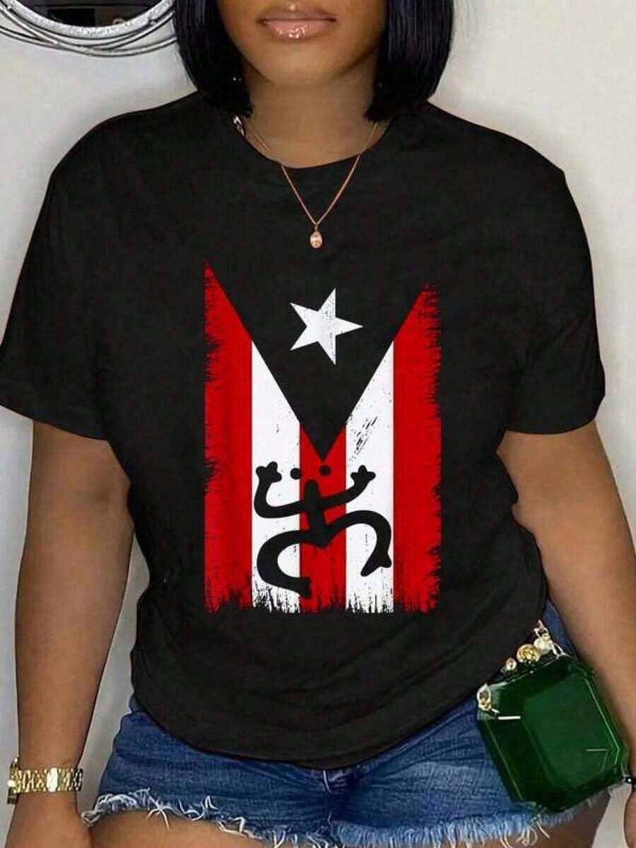 Camiseta estampada 100% algodón, camiseta de algodón, tallas grandes, 100% algodón, estilo retro, puertorriqueña, bandera puertorriqueña, camiseta retro unisex, camiseta clásica cómoda, camiseta extragrande de cuello redondo, estilo Y2K, camiseta de verano. - Negro - Ver 1