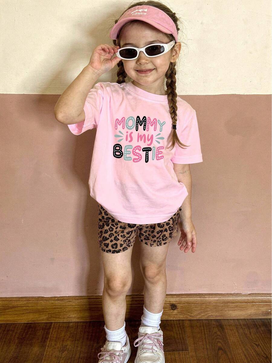 Camiseta de manga corta para niña joven con estampado de letra y cabeza de toro, estilo cómodo y casual, ropa occidental para niña pequeña y niños, camisetas gráficas para niños - Rosa - Ver 1