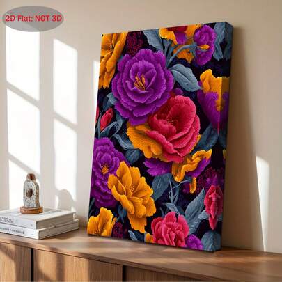 2D Flat, 1pc, 2D Wooden Frame Canvas Painting, Generated Vibrant Floral Suitable For Halloween, Suitable For Bedroom, Living Room, Bathroom And Kitchen Wall Decoration 11.8x15.7 Inch Halloween Christmas Decorations